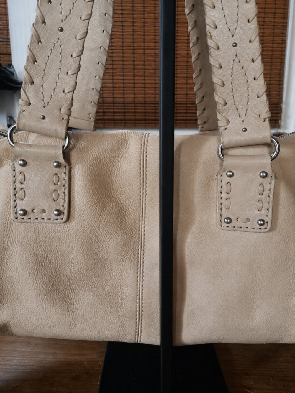 Michael Kors Western Boho Leather Satchel Shoulder Bag Cream Ivory Cargo Pockets - Picture 8 of 13